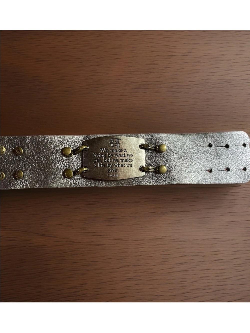 Metallic Silver Leather Bracelet with Brass Plate Inspirational Engraving